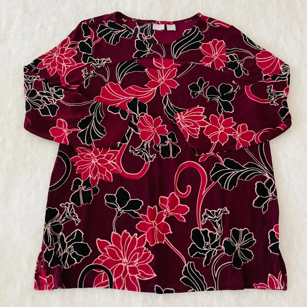 Chico's Travelers Womens Maroon Red Slinky Floral Blouse Top Sz 3 US 16/18